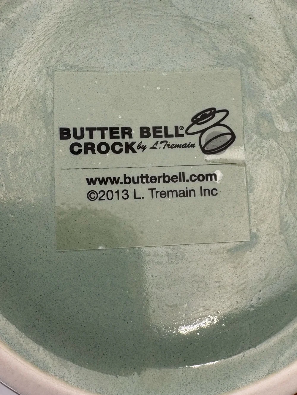 Green Ceramic Butter Bell Crock with Decorative Scroll Band